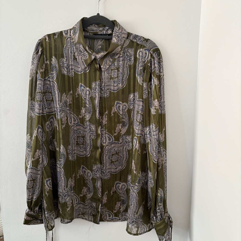 Zara Printed Multicolor Metallic Thread Paisley Print Blouse Shirt Size L NWT - Picture 7 of 14